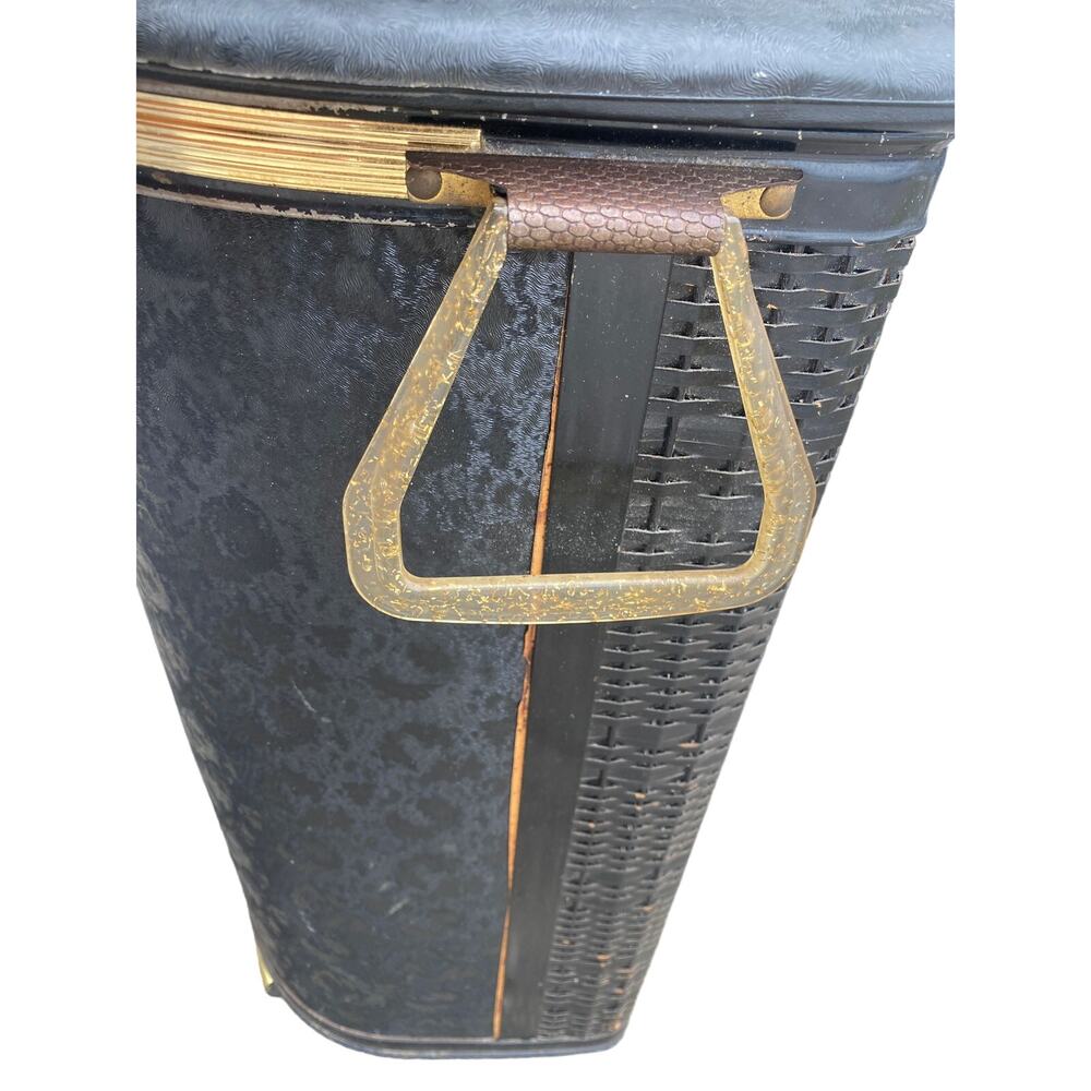 vintage MCM Pearl Wick Black Hollywood Regency Laundry Hamper, Hinged Lid 24" hi - Picture 9 of 11